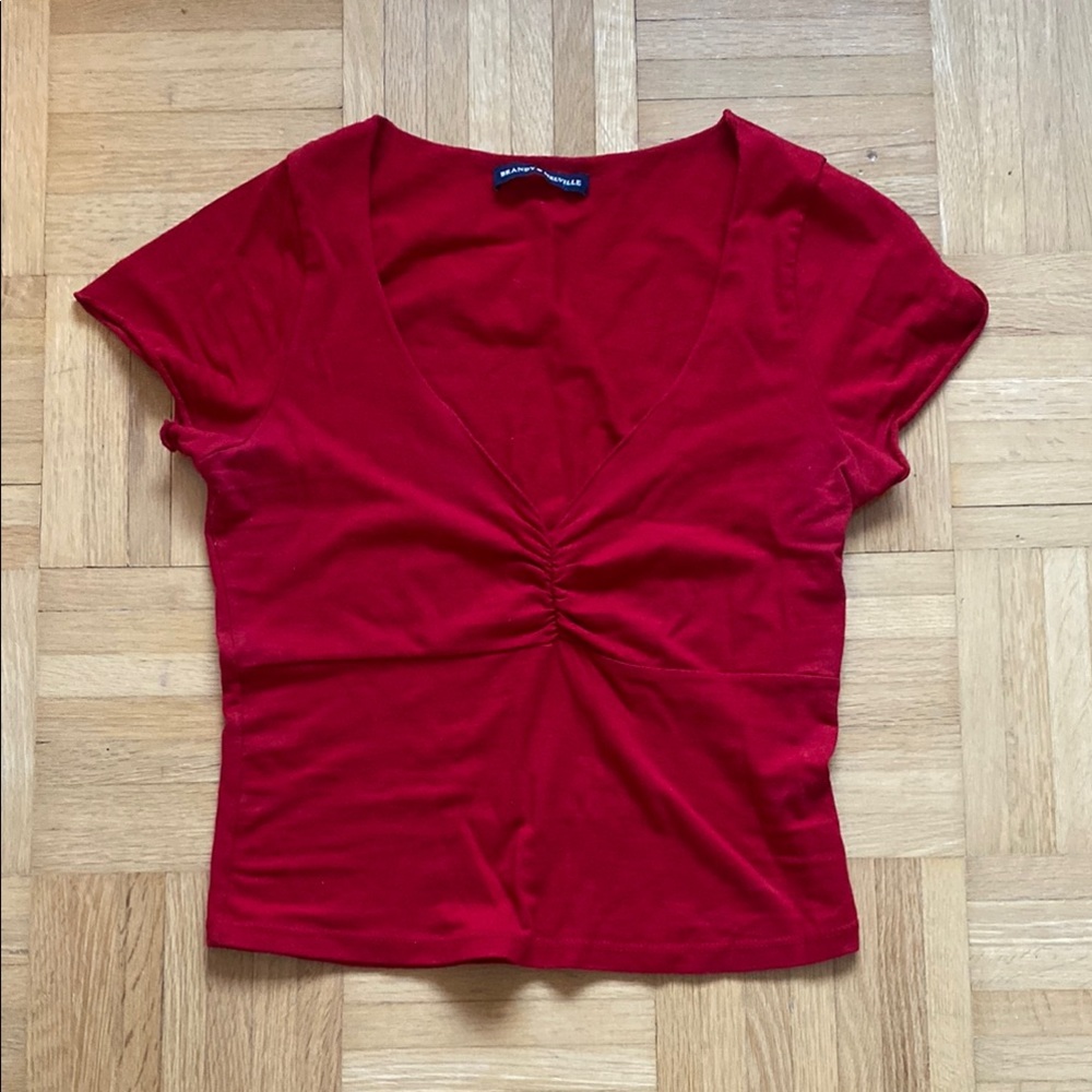 Red V-Neck Ruched Women's Top